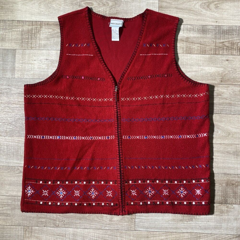 VTG Womens Embroidered Floral Sweater Vest XL Red Cottagecore Granny Retro 90s